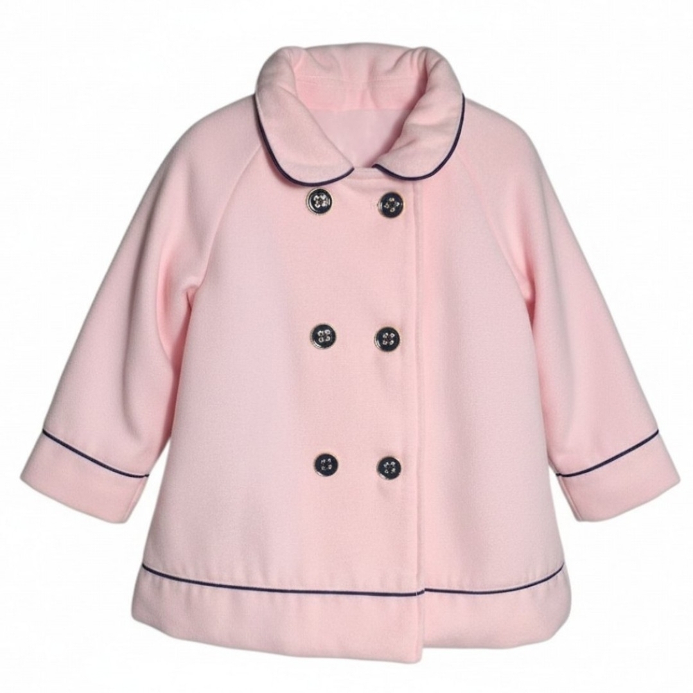 Little Me Pink Double-Breasted Pea Coat with Navy Trim and Bow - 24M - NWOT